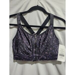 NWT Fabletics Zoe High Impact Purple Black Leopard Print Front Zip Padded Medium